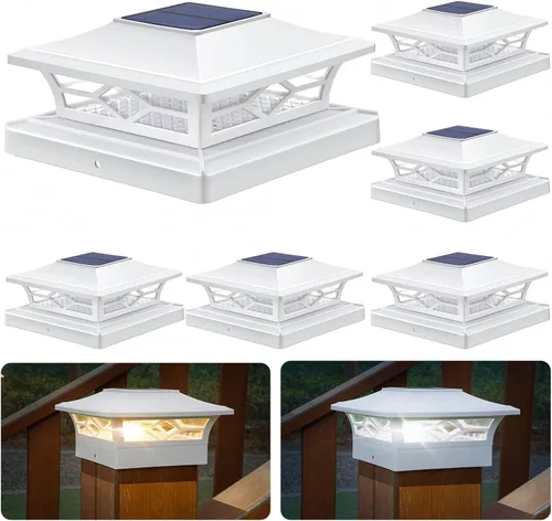 Vista 10 de APONUO - Luces solares para punta de poste, 4x4 de plástico negro impermeables para exteriores, LEDs blanco cálido/blanco frío, decoración