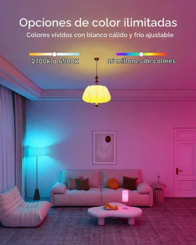 Vista 5 de Matter - Bombillas inteligentes, A19 E26, RGBCW, requiere 800 lúmenes, 16 millones de colores; solo Wi-Fi de 2.4 GHz; funciona con Alexa, Google