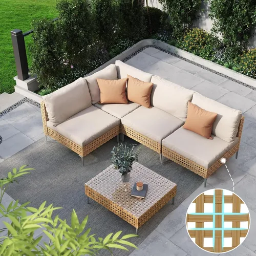 Vista 20 de Grand patio Juego de muebles de mimbre de patio de 3 piezas, juego seccional de sofá de conversación para exteriores estilo boho con cojines gruesos