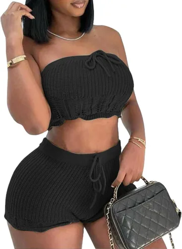CALEBGAR Two Piece Outfits for Women Sexy Cropped Tube Top Shorts Sets Knitted Bodycon Pants Summer Clubwear