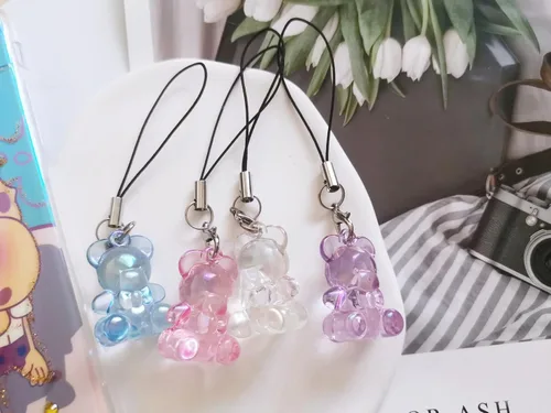 Vista 2 de Meefisher 2 piezas de abalorios de flores de oso azul con cuentas para teléfono móvil, cordón estético dulce y lindo teléfono correa de muñeca
