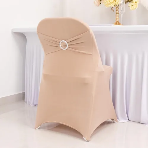 Vista 63 de Efavormart - Funda para silla de banquete de elastano beige con banda de hebilla de diamantes de imitación plateados, funda elástica para silla