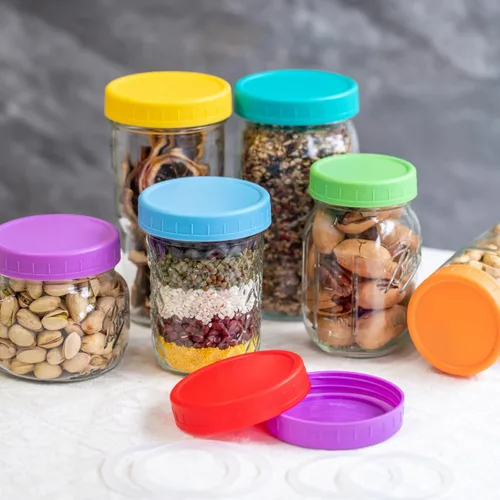 Vista 4 de Jumterlee Paquete de 9 Tapas Azules para Frascos Mason de Boca Regular con Anillos de Silicona, 9 Colores para Elegir, Tapas de Plástico