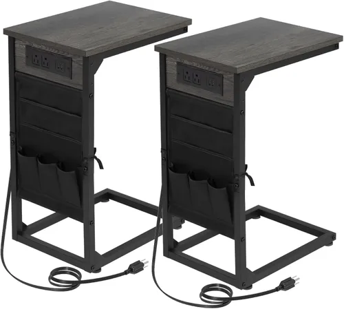 Vista 9 de AMHANCIBLE - Mesa auxiliar en forma de C con estación de carga, juego de bandeja para TV de 2 piezas, mesas de sofá con bolsa de almacenamiento