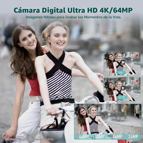Vista 2 de Fansbe Cámara digital inteligente, cámara de vlogging 4K con 64 MP, cámaras digitales apuntar y disparar con zoom de 18X, antivibración, dial