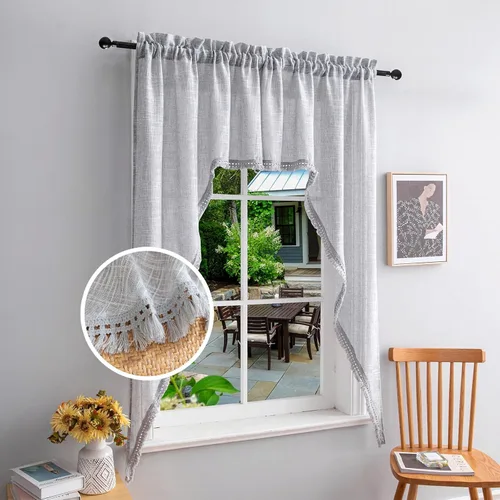 Vista 20 de Beda Home - Cenefas de lino texturizado con borlas para cocina de granjas; decoración rústica con filtro de luz para ventanas pequeñas, dormitorio