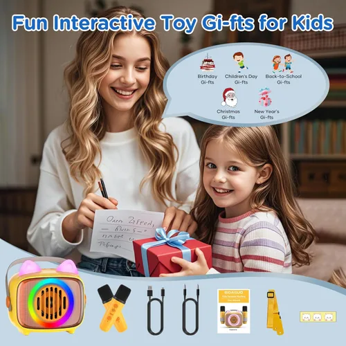 Vista 6 de Máquina de karaoke para niños con 2 micrófonos inalámbricos, altavoz portátil Bluetooth de karaoke con luces LED, regalo ideal para niñas, niños