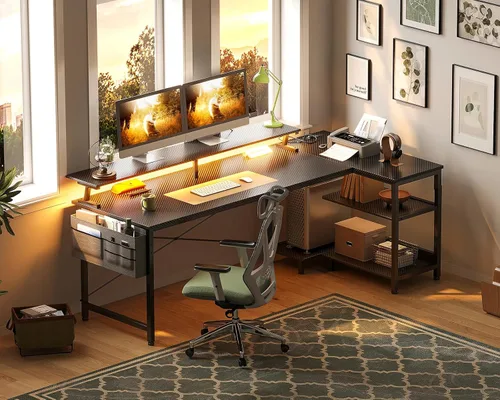 Vista 30 de ODK Escritorio para juegos de 40 pulgadas con tomas de alimentación USB y luces LED, escritorio reversible en forma de L con estantes de Superficie