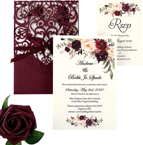 Vista 9 de 5X7.2 Pulgadas 50 Piezas Tarjetas de Invitación de Boda en Blanco Cortadas con Láser Azul Marino con Tarjetas Rsvp y Sobres y Banda de Cinta