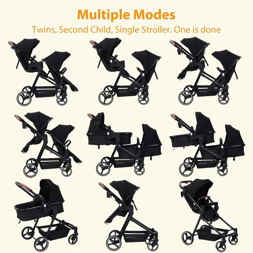 Vista 4 de Cochecito doble para bebés y niños pequeños, cochecito tándem reversible con plegado con una sola mano, arnés de 5 puntos, toldo ajustable