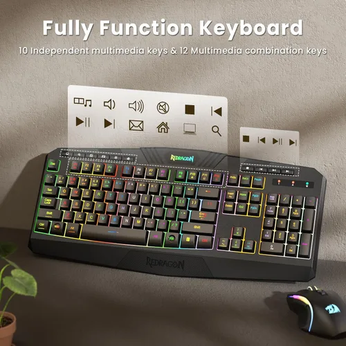 Vista 6 de Redragon S101M-KS Combo de teclado y mouse para videojuegos inalámbrico con Tri-Mode, teclado RGB y mouse para juegos de 4800 DPI, 10 teclas
