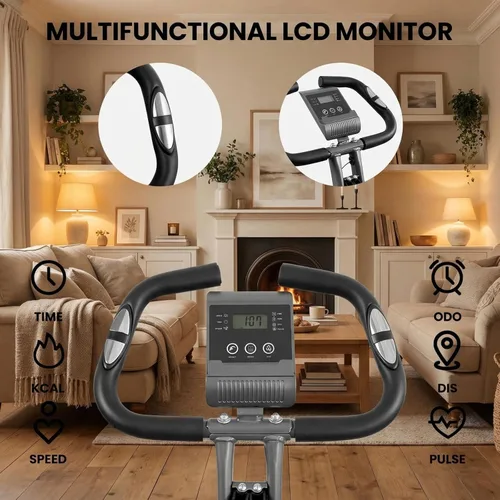 Vista 7 de Bicicleta estática, bicicleta estática 4 en 1, bicicleta estática plegable con resistencia magéntica de 16 niveles, almohadilla trasera de soporte