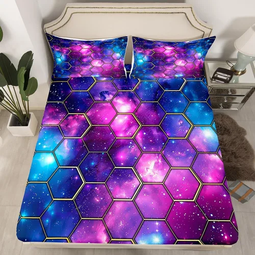 Vista 49 de Manfei Juego de sábanas bajeras de panal de galaxia, tamaño individual, 2 piezas, estampado geométrico hexagonal, funda de cama de cielo estrellado