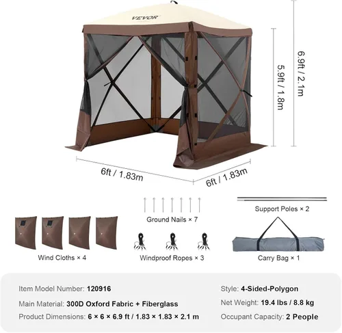 Vista 8 de Vevor Tienda de campaña desplegable con mosquitero, toldo de 4 lados, refugio solar, 4 paños para viento extraíbles para privacidad, ventanas