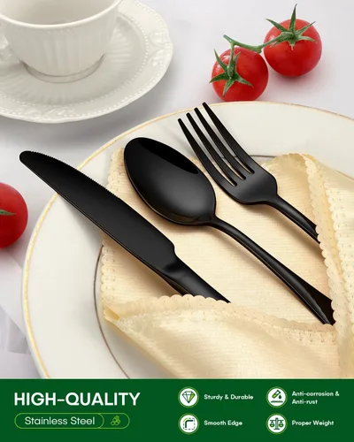 Vista 5 de PHILIPALA Juego de cubiertos negros de 24 piezas con cuchillos de carne, juego de cubiertos de acero inoxidable de grado alimenticio para 4, juego