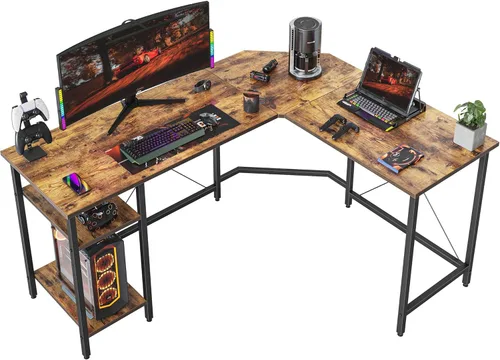 Vista 15 de CubiCubi Escritorio en forma de L de 59 pulgadas con puertos de carga USB y luces LED, escritorio de esquina para computadora con cajón y estante