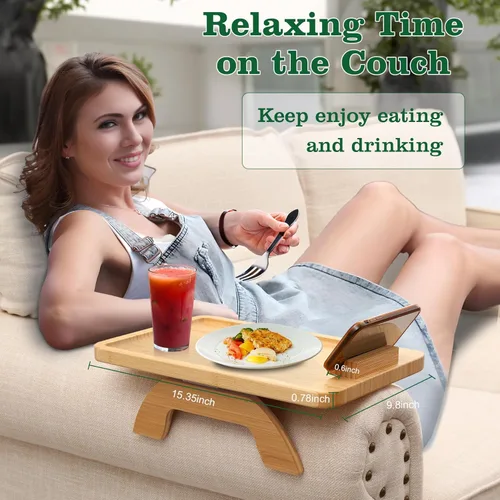 Vista 4 de Mesa de brazo para sofá, mesa de bambú para sofá con soporte para teléfono, mesas con reposabrazos con clip para mesa de reposabrazos, bandeja