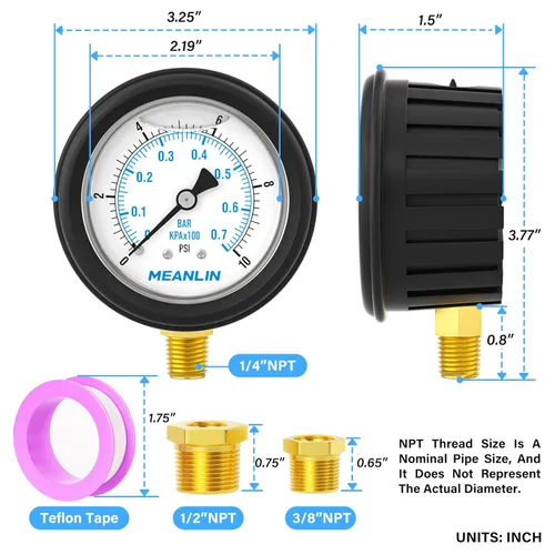 Vista 516 de MEANLIN MEASURE - Vacuómetro de presión de vacío de acero inoxidable, esfera con cara de 2.5 pulgadas, NPT de 1/8 de pulgada, montaje trasero