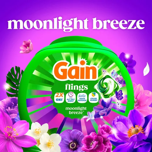 Vista 6 de Gain Flings - Paquete de detergente para ropa, 42 unidades, aroma Moonlight Breeze, paquetes de detergente HE 3 en 1 con Oxi Boost y Febreeze