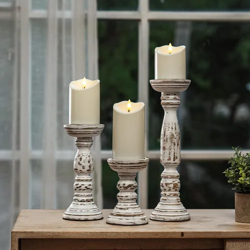 Vista 5 de Homemory Juego de 3 portavelas de madera de granja para velas de pilar, candelabros rústicos para centro de mesa, 13, 9, 6 pulgadas, vintage, alto