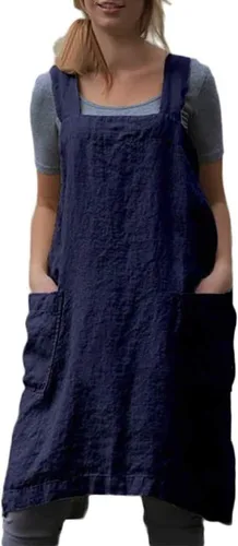 Vista 6 de YESDOOD Delantal de lino de algodón con espalda cruzada para mujer, con bolsillos, vestido para hornear y cocinar