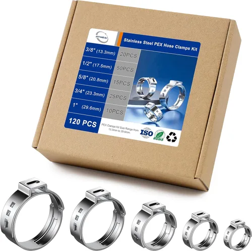 Vista 12 de Kit de anillos de abrazadera de cincha PEX (85 PIEZAS), 5 tamaños en 3/8" 1/2" 5/8" 3/4" 1", abrazaderas de manguera de una oreja de acero