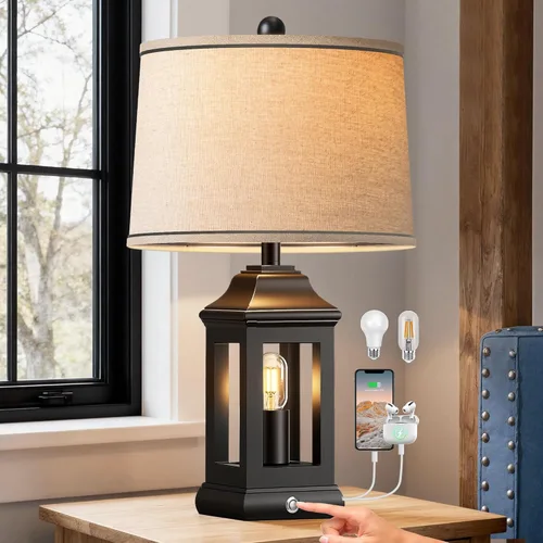 Vista 13 de Juego de 2 lámparas de mesa industriales de granja de 28 pulgadas - Lámparas rústicas de mesita de noche con puertos USB A+C duales, lámparas