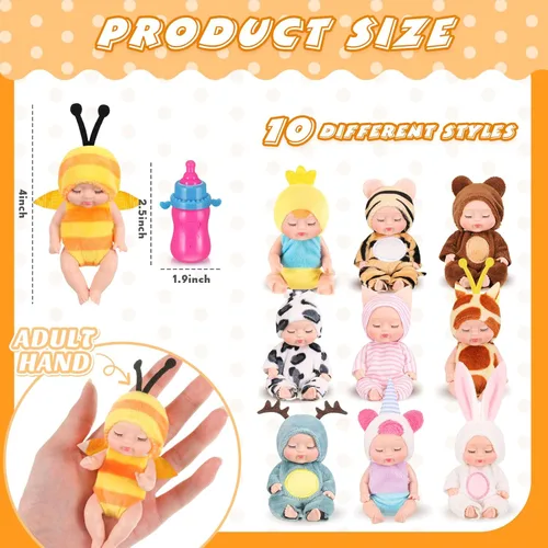 Vista 2 de Retrowavy 10 Piezas Mini Muñecas de Bebé de 4 Pulgadas Muñecas de Bebé Pequeñas Realistas Ropa de Animales Lindas Figuras de Bebé Juego de Regalos
