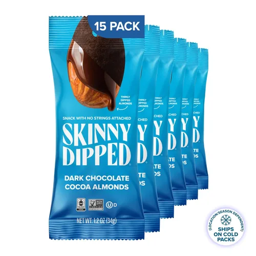 Vista 5 de SkinnyDipped Almendras de cacao de chocolate negro, almendras cubiertas de chocolate, bajas en azúcar, sin gluten, aperitivo saludable, bolsas