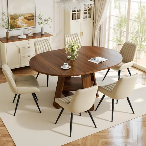Vista 26 de Aivermel - Juego de mesa de comedor extensible redonda a ovalada para 4 a 6, mesa de cocina de madera con almacenamiento oculto y sillas tapizadas