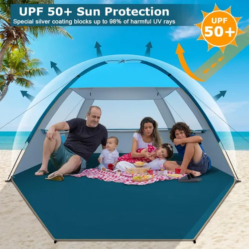 Vista 4 de COMMOUDS Carpa de Playa con Sombra Solar para 3/4-5/6-7/8-10 Personas, Refugio Solar de Playa con Toldo UPF 50+, Liviana, Fácil de Instalar