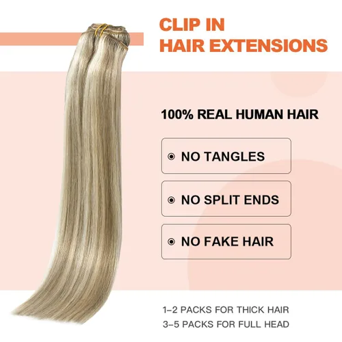 Vista 3 de UGOTRAYS Extensiones de cabello humano real con pinzas, 12 pulgadas, 2.47 oz de rubio ceniza mezclado con rubio decolorado, 7 piezas de doble trama