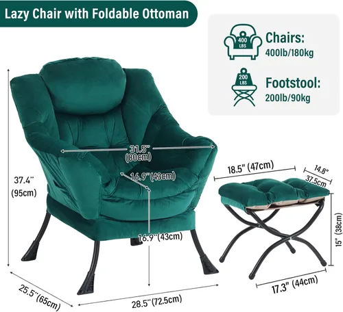 Vista 349 de Silla Lazy con otomana, silla moderna con reposapiés plegable, silla de acento de salón, cómoda silla de lectura para dormitorio, estudio, sala