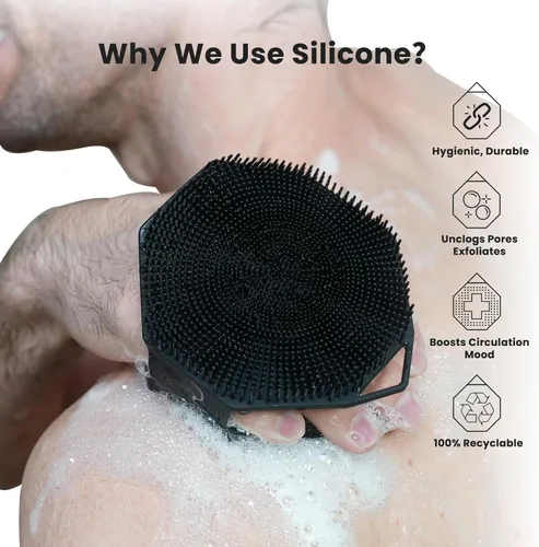 Vista 3 de iTokGoK® Exfoliador Corporal de Silicona 2 en 1 de Diseño de Doble Cara con Infusión de Plata Premium para Ducha, Cepillo Corporal Exfoliador Buffer