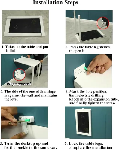 Vista 7 de Mesa plegable montada en la pared, mesa de comedor abatible de madera con patas de soporte, 29 pulgadas de largo x 17.7 pulgadas de ancho x 29.5