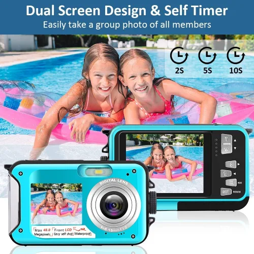 Vista 2 de Acuvar Cámara digital impermeable, cámara subacuática de 48 MP con doble pantalla, enfoque automático, profundidad de 11 pies, cámara flotante