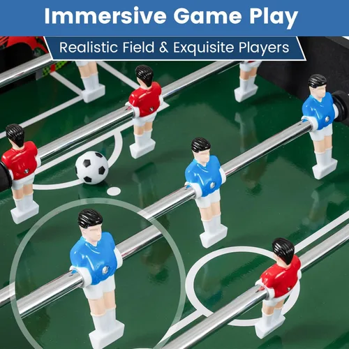 Vista 7 de GYMAX Mesa de futbolín, juego de mesa de fútbol de 37 pulgadas con 2 bolas, anotadores manuales, construcción de MDF resistente para sala
