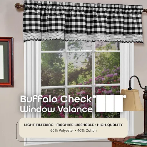 Vista 2 de Cortinas de Ventana con Cenefa de Cuadros Buffalo - 58 Pulgadas de Ancho, 14 Pulgadas de Largo - Cuadros Blanco y Negro - Cortinas de Granja Rústica