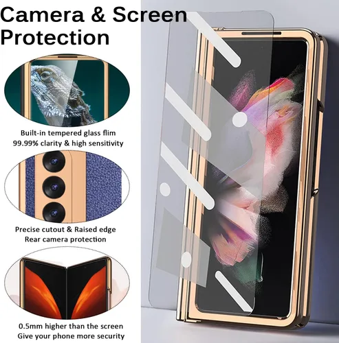 Vista 4 de Miimall Funda compatible con Samsung Galaxy Z Fold 3 con soporte para bolígrafo, patrón de cuero, protector de pantalla de vidrio templado+carcasa