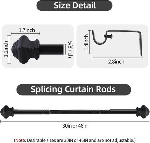 Vista 3 de Thestoa Barras de cortina de empalme para ventanas de 30 a 46 pulgadas, barras de cortina negras de 5/8 pulgadas para dormitorio, sala de estar