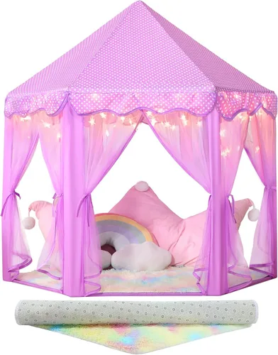 Vista 9 de Tienda de princesa para niñas con grandes luces de estrella, tienda de juegos en forma de castillo para niños, regalo de cumpleaños para niñas