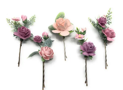 Vista 3 de Horquillas para el pelo de flores, clips florales de boda peine de pelo accesorios nupciales (borgoña)