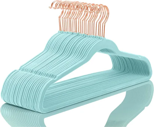Vista 32 de MIZGI Perchas de Terciopelo Premium (Paquete de 50) Resistentes – Percha de Traje de Fieltro Antideslizante Verde Azulado/Turquesa – Ganchos de Oro