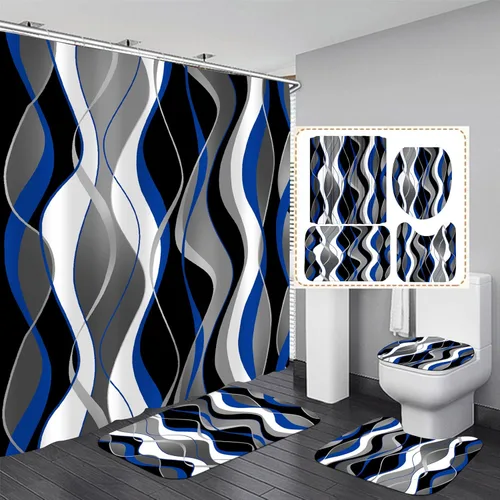 Vista 12 de Nkzply Juego de 4 cortinas de ducha a rayas blancas y negras con cortina de ducha y alfombras, decoración moderna para el hogar, cortinas de ducha