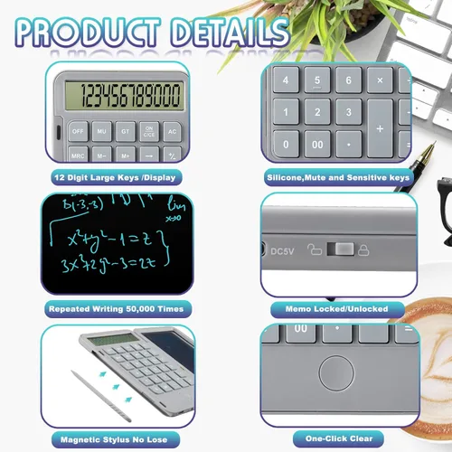 Vista 14 de Calculadoras Hion, Calculadora recargable de escritorio y de bolsillo con pantalla grande de 12 dígitos y tableta de escritura borrable