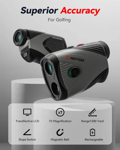Vista 2 de REDTIGER Telémetro de golf, 7 aumentos de 1200 yardas, láser con pendiente, soporte magnético incorporado, bloqueo de mástil de vibración