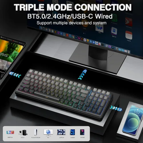 Vista 3 de AULA Teclado mecánico inalámbrico F99 Pro, estructura de junta, teclado personalizado intercambiable en caliente, retroiluminación RGB, sonido