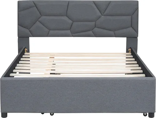 Vista 6 de Moderna cama tapizada de tamaño matrimonial, plataforma de tela de lino con cama nido tamaño individual, base de cama de madera maciza con cabecera