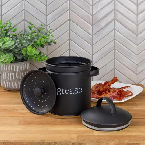 Vista 2 de AuldHome Design Contenedor de Grasa Esmaltado con Colador (Negro), Lata de Almacenamiento de Cocina Estilo Granja, Etiquetado "Grease