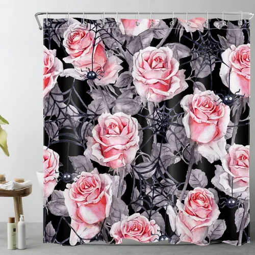 Vista 17 de Scary Halloween Shower Curtain for Bathroom Decor, Horror Spider Web and Pink Floral on Black Shower Curtain Set Spooky Halloween Night Shower